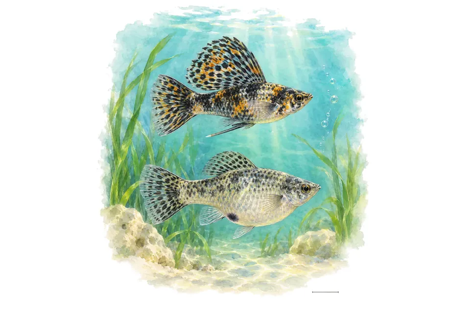 Aquarelle : Molly voilier, mâle et femelle l'un au-dessus de l'autre dans une eau turquoise.