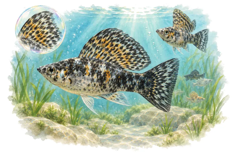 Aquarelle : Molly voilier (Poecilia latipinna) dans une eau turquoise lumineuse, avec une vue de trois quarts et un détail dans une bulle.