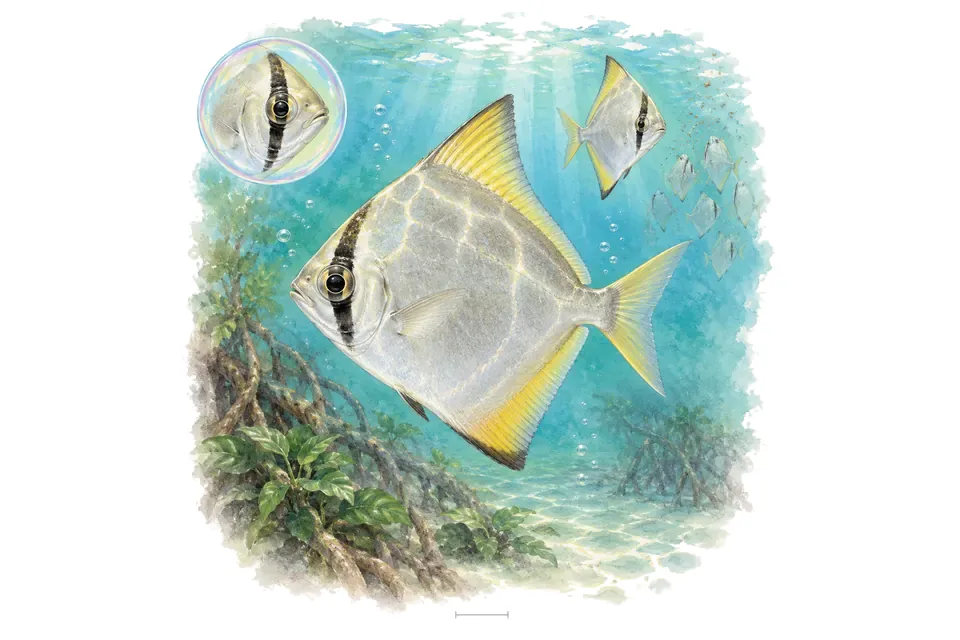 Aquarelle : Monodactyle argenté (Monodactylus argenteus) dans une eau turquoise lumineuse, avec une vue de trois quarts et un détail dans une bulle.