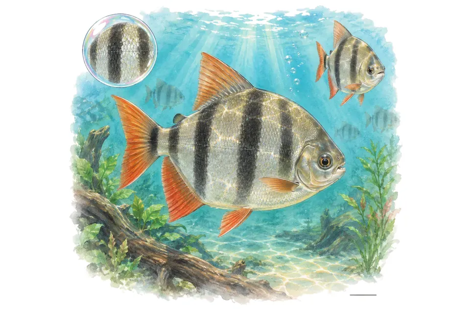 Aquarelle : Myloplus à bandes (Myloplus schomburgkii) dans une eau turquoise lumineuse, avec une vue de trois quarts et un détail dans une bulle.