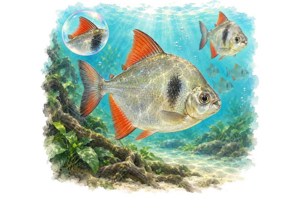Aquarelle : Myloplus à nageoires rouges (Myloplus rubripinnis) dans une eau turquoise lumineuse, avec une vue de trois quarts et un détail dans une bulle.