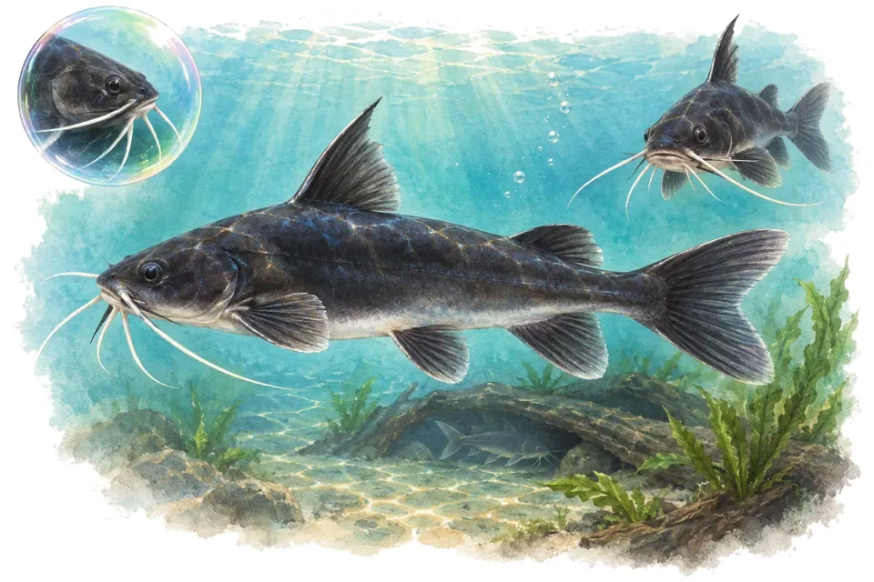 Aquarelle : Poisson-chat renversé asiatique (Mystus leucophasis) dans une eau turquoise lumineuse, avec une vue de trois quarts et un détail dans une bulle.