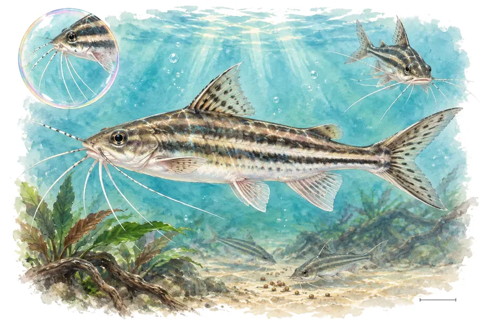 Aquarelle : Mystus tengara (Mystus tengara) dans une eau turquoise lumineuse, avec une vue de trois quarts et un détail dans une bulle.