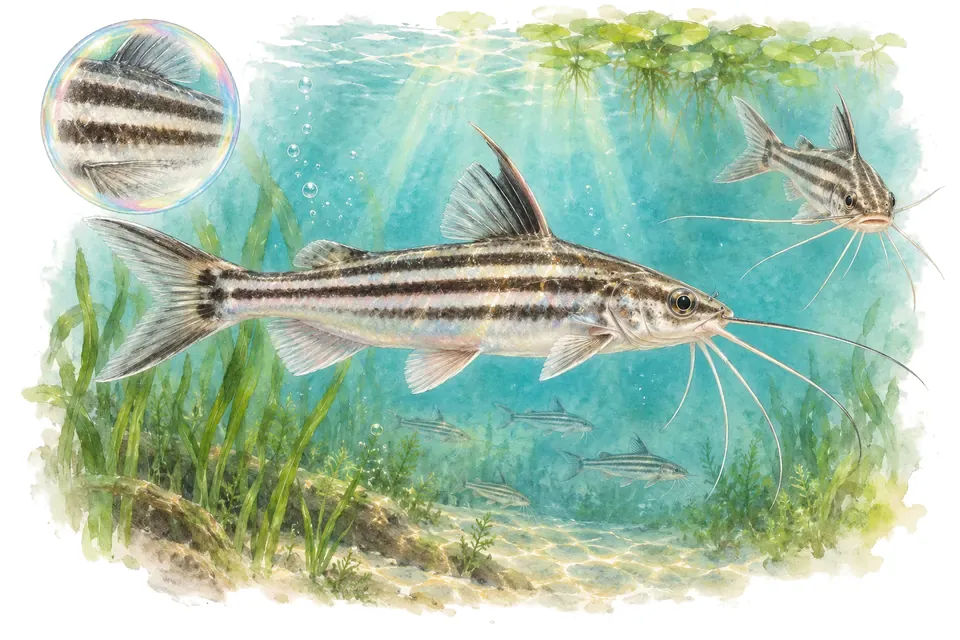 Aquarelle : Poisson-chat rayé (Mystus vittatus) dans une eau turquoise lumineuse, avec une vue de trois quarts et un détail dans une bulle.