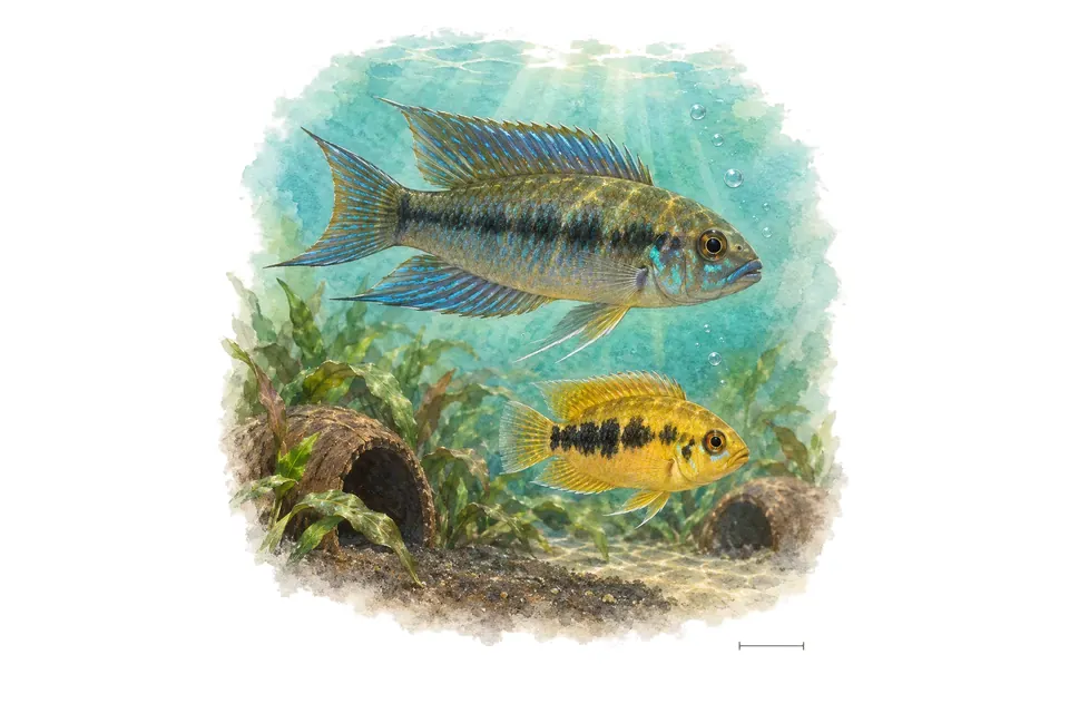 Aquarelle : Nannacara doré, mâle et femelle l'un au-dessus de l'autre dans une eau turquoise.