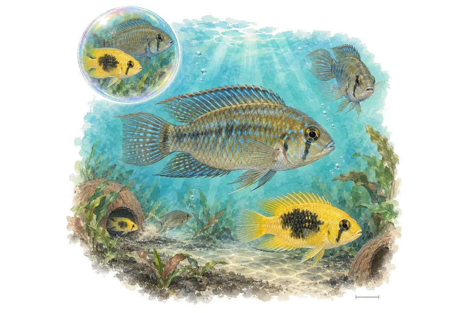 Aquarelle : Nannacara doré (Nannacara anomala) dans une eau turquoise lumineuse, avec une vue de trois quarts et un détail dans une bulle.