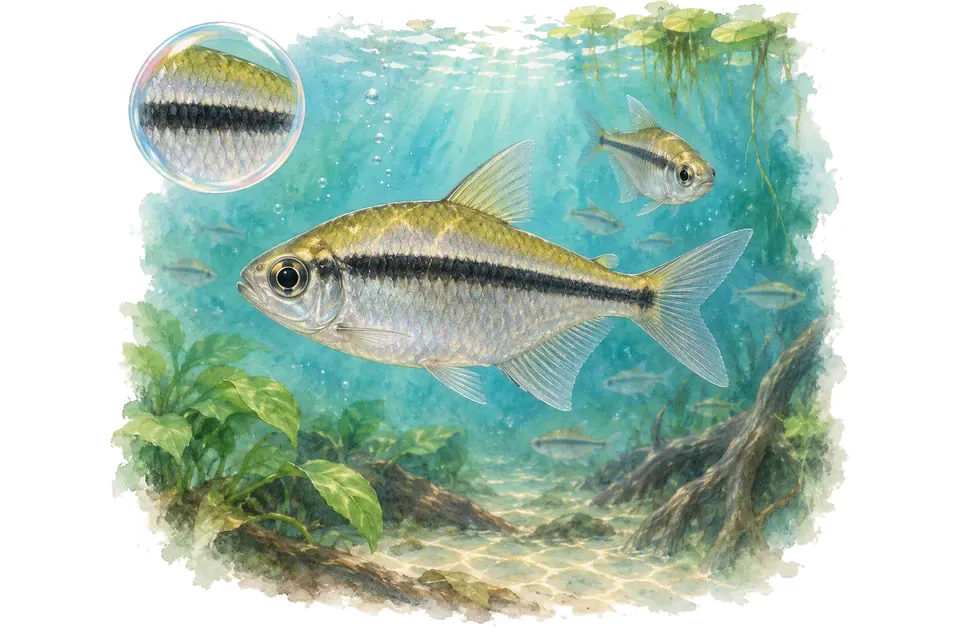Aquarelle : Nannaethiops à une bande (Nannaethiops unitaeniatus) dans une eau turquoise lumineuse, avec une vue de trois quarts et un détail dans une bulle.