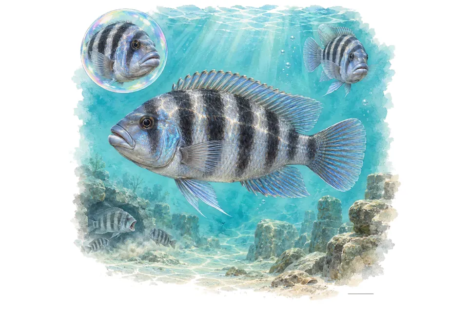 Aquarelle : Neolamprologue à cinq bandes (Neolamprologus tretocephalus) dans une eau turquoise lumineuse, avec une vue de trois quarts et un détail dans une bulle.