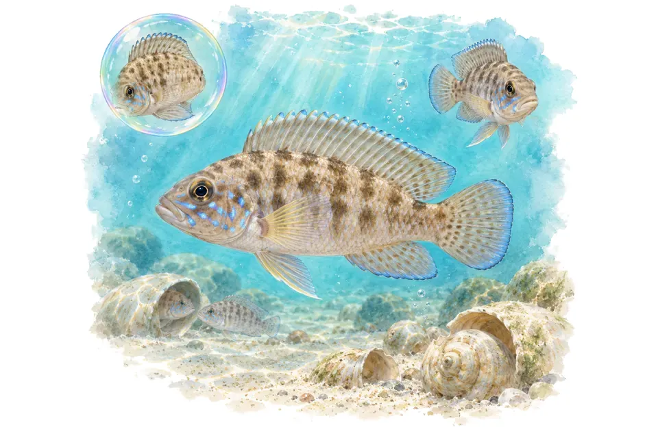 Aquarelle : Neolamprologue brevis (Neolamprologus brevis) dans une eau turquoise lumineuse, avec une vue de trois quarts et un détail dans une bulle.