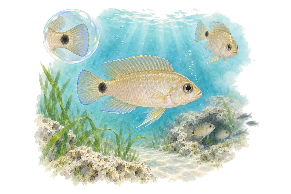 Aquarelle : Néolamprologue caudoponctué (Lamprologus caudopunctatus) dans une eau turquoise lumineuse, avec une vue de trois quarts et un détail dans une bulle.