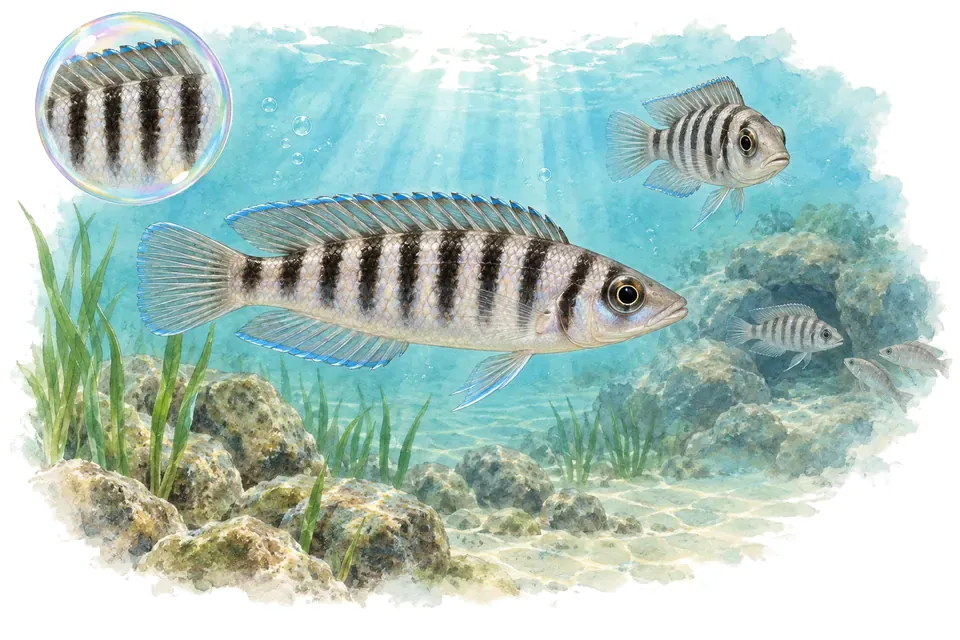 Aquarelle : Néolamprologue cylindrique (Neolamprologus cylindricus) dans une eau turquoise lumineuse, avec une vue de trois quarts et un détail dans une bulle.