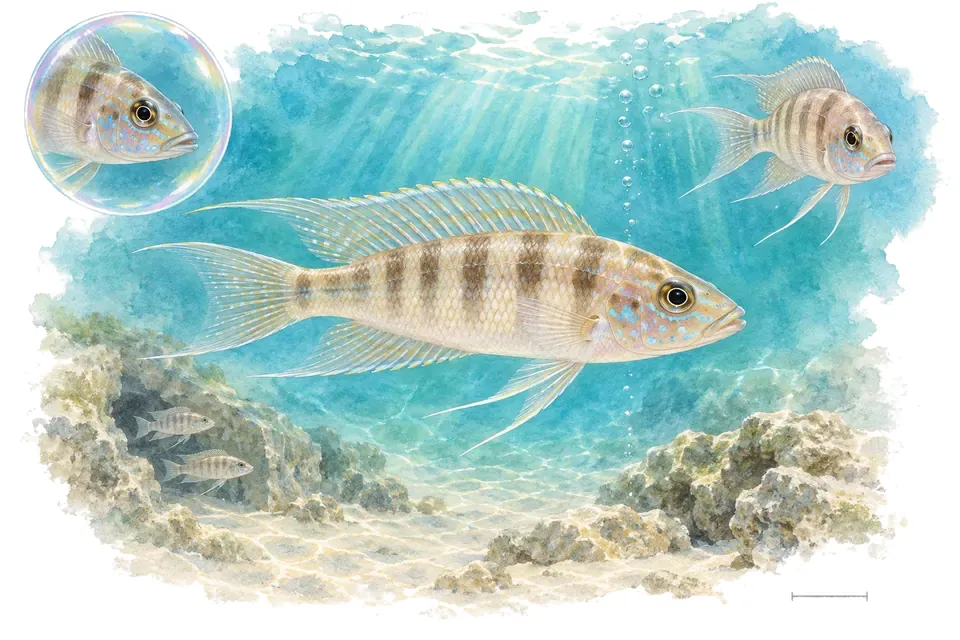 Aquarelle : Néolamprologue gracile (Neolamprologus gracilis) dans une eau turquoise lumineuse, avec une vue de trois quarts et un détail dans une bulle.