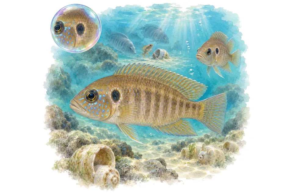 Aquarelle : Néolamprologue ocellé (Lamprologus ocellatus) dans une eau turquoise lumineuse, avec une vue de trois quarts et un détail dans une bulle.