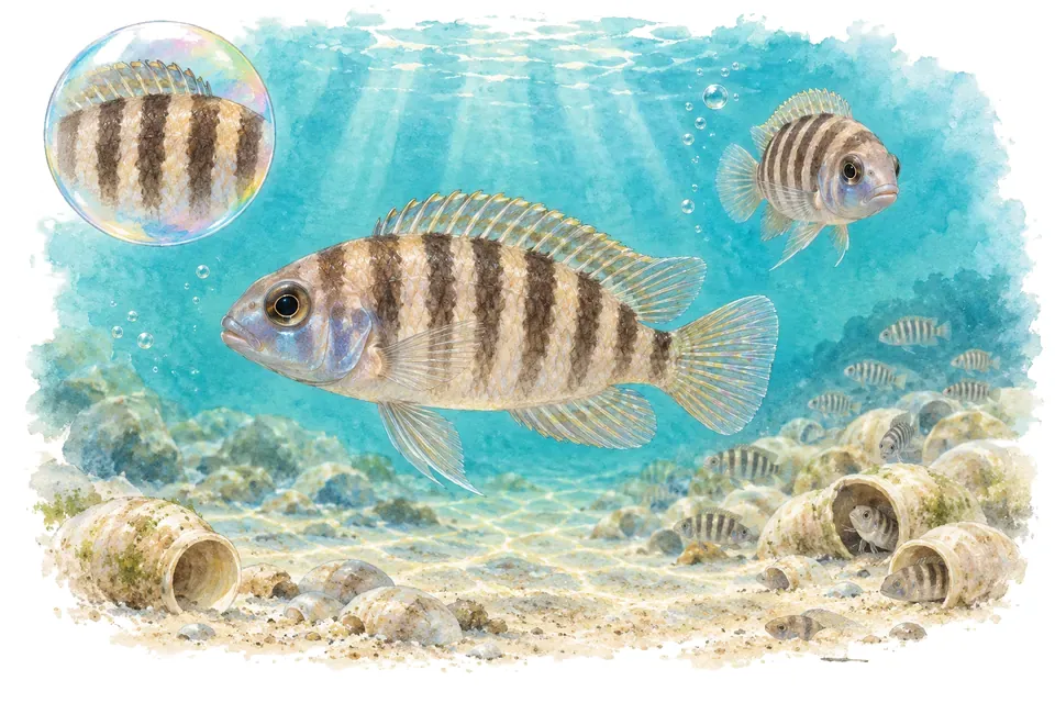 Aquarelle : Néolamprologue similis (Neolamprologus similis) dans une eau turquoise lumineuse, avec une vue de trois quarts et un détail dans une bulle.