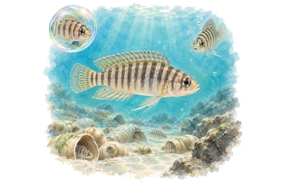 Aquarelle : Multifasciatus (Neolamprologus multifasciatus) dans une eau turquoise lumineuse, avec une vue de trois quarts et un détail dans une bulle.