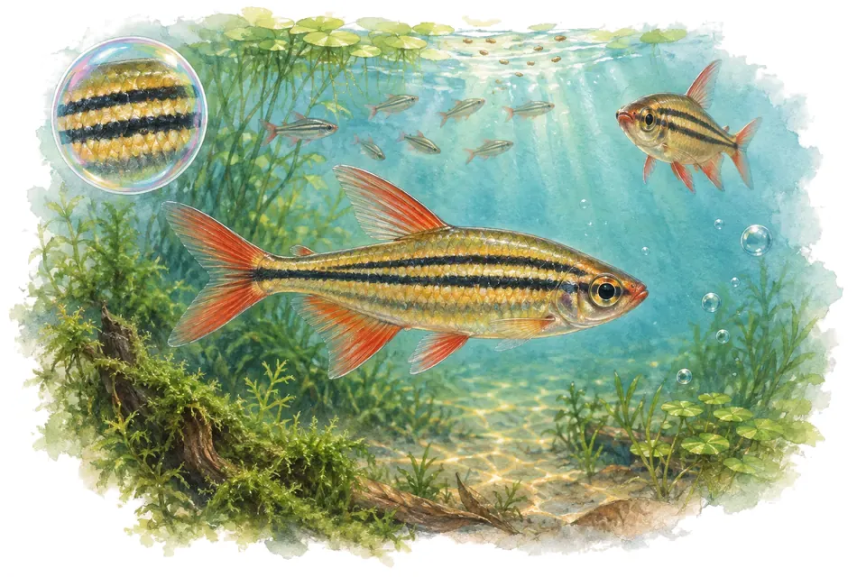 Aquarelle : Néolébias à trois bandes (Neolebias trilineatus) dans une eau turquoise lumineuse, avec une vue de trois quarts et un détail dans une bulle.