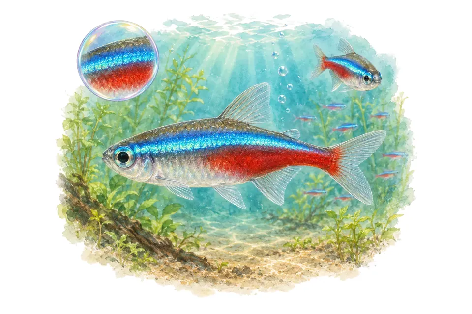 Aquarelle : Néon bleu (Paracheirodon innesi) dans une eau turquoise lumineuse, avec une vue de trois quarts et un détail dans une bulle.