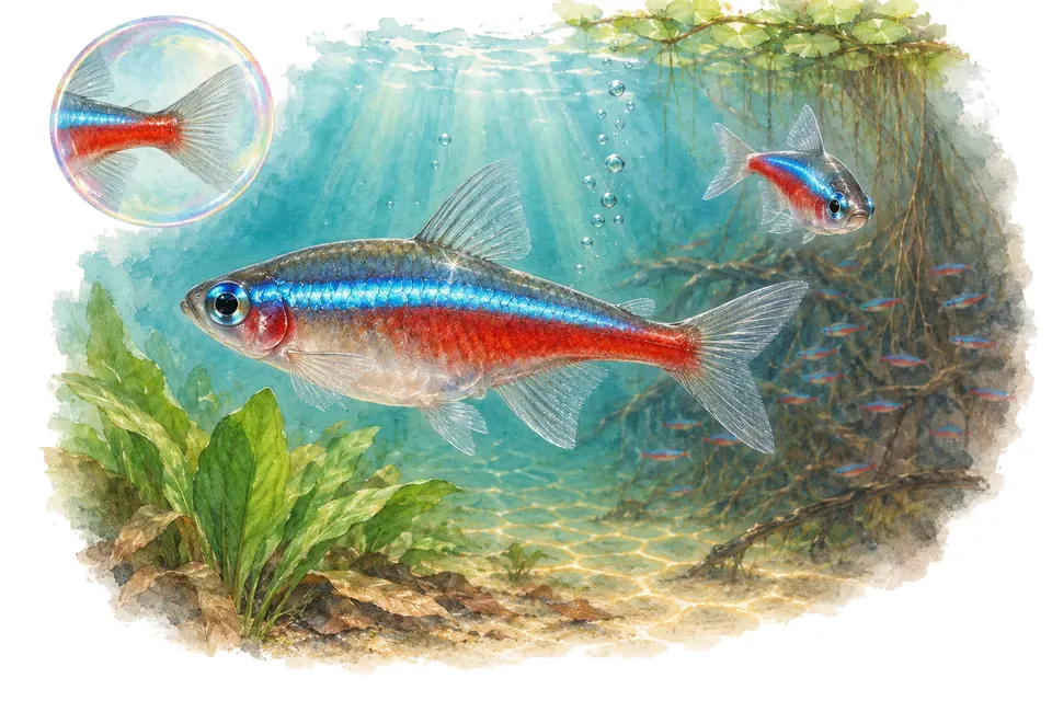 Aquarelle : Néon cardinal (Paracheirodon axelrodi) dans une eau turquoise lumineuse, avec une vue de trois quarts et un détail dans une bulle.