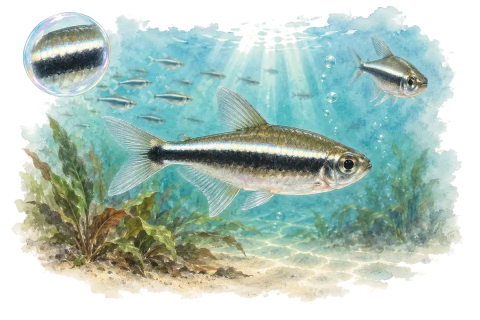 Aquarelle : Néon noir (Hyphessobrycon herbertaxelrodi) dans une eau turquoise lumineuse, avec une vue de trois quarts et un détail dans une bulle.