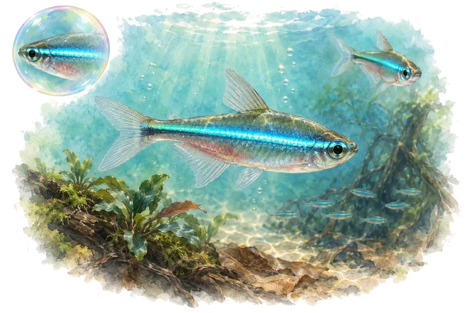 Aquarelle : Néon vert (Paracheirodon simulans) dans une eau turquoise lumineuse, avec une vue de trois quarts et un détail dans une bulle.