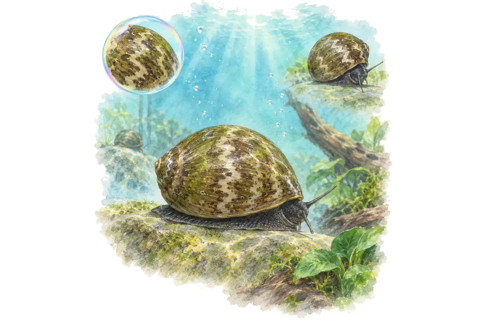 Aquarelle : Nérite à coquille olive (Neritina semiconica) dans une eau turquoise lumineuse, avec une vue de trois quarts et un détail dans une bulle.
