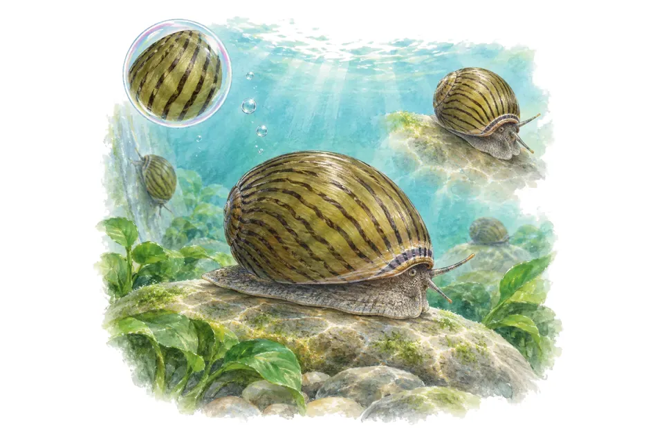 Aquarelle : Nérite à lignes (Neritina turrita) dans une eau turquoise lumineuse, avec une vue de trois quarts et un détail dans une bulle.