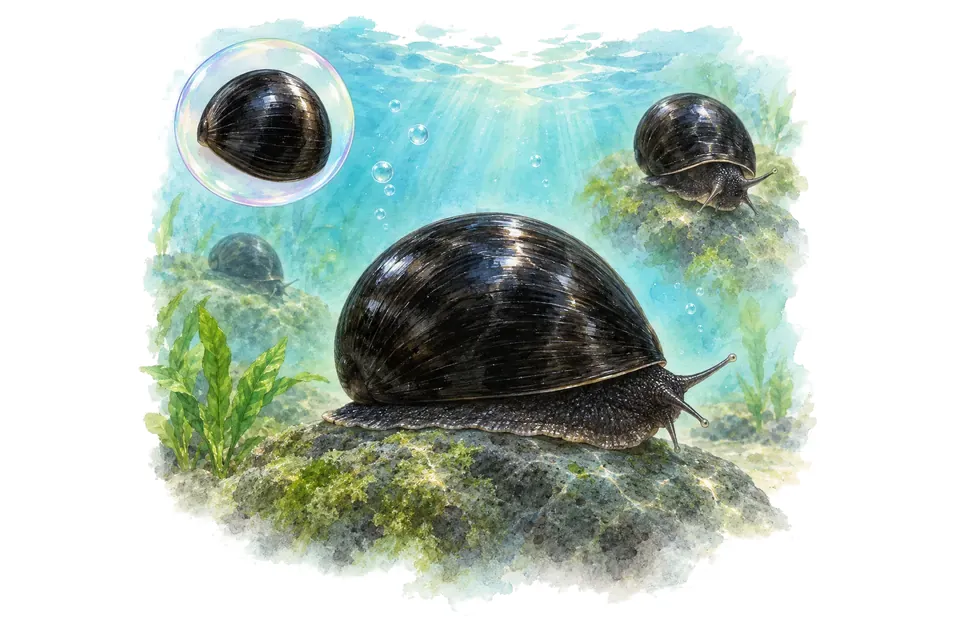 Aquarelle : Nérite noire (Neritina pulligera) dans une eau turquoise lumineuse, avec une vue de trois quarts et un détail dans une bulle.