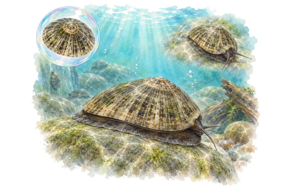 Aquarelle : Nérite porc-épic (Septaria porcellana) dans une eau turquoise lumineuse, avec une vue de trois quarts et un détail dans une bulle.