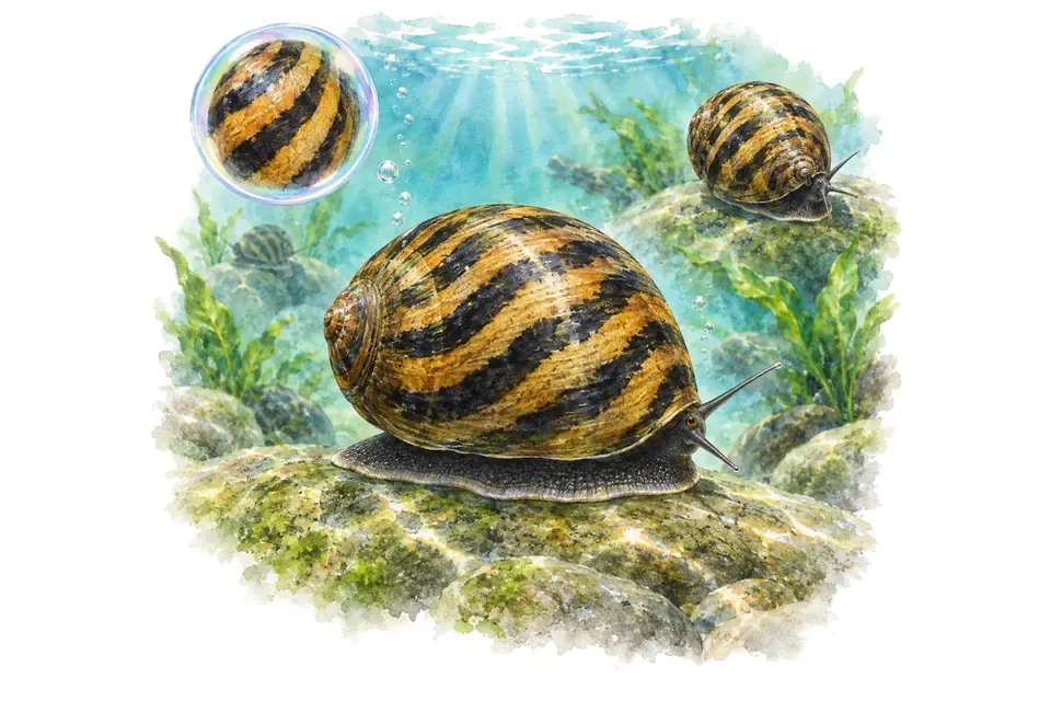 Aquarelle : Nérite zébrée asiatique (Vittina waigiensis) dans une eau turquoise lumineuse, avec une vue de trois quarts et un détail dans une bulle.