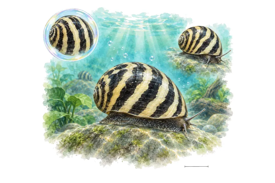 Aquarelle : Néritine zébrée (Neritina natalensis) dans une eau turquoise lumineuse, avec une vue de trois quarts et un détail dans une bulle.