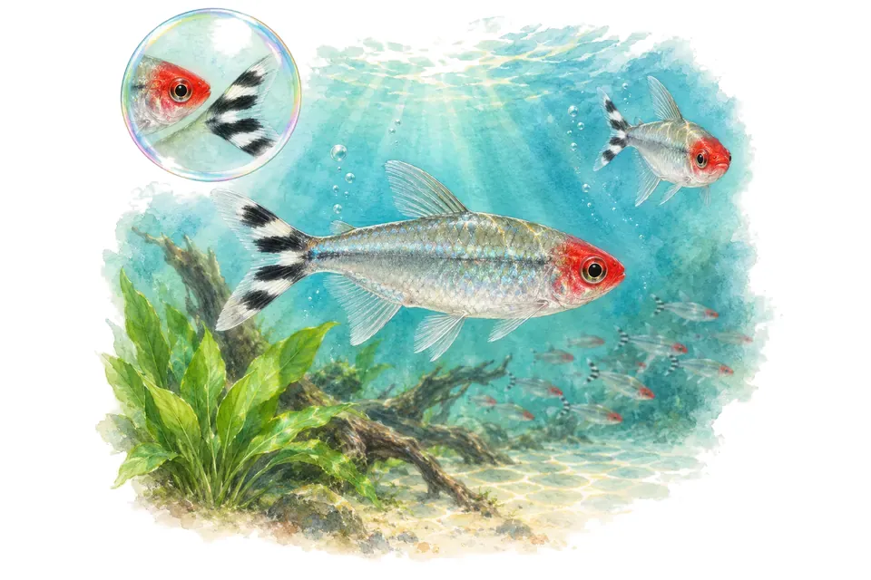 Aquarelle : Nez-rouge de Bleher (Petitella bleheri) dans une eau turquoise lumineuse, avec une vue de trois quarts et un détail dans une bulle.