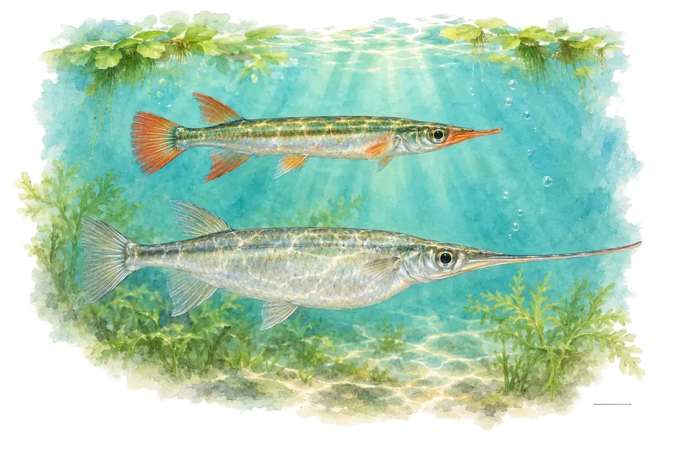 Aquarelle : Nomorhamphus de Liêm, mâle et femelle l'un au-dessus de l'autre dans une eau turquoise.