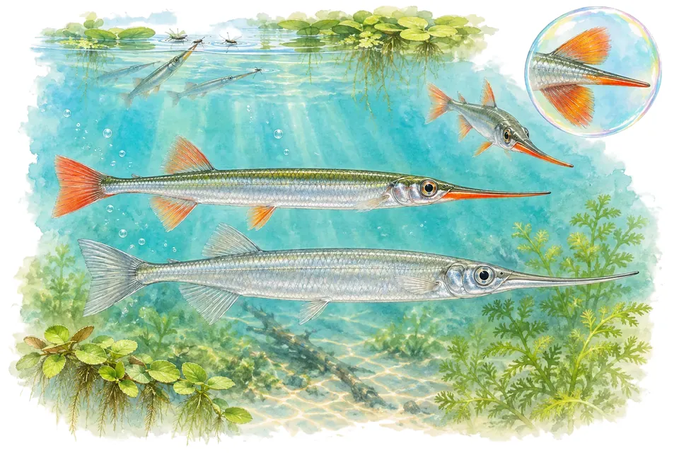 Aquarelle : Nomorhamphus de Liêm (Nomorhamphus liemi) dans une eau turquoise lumineuse, avec une vue de trois quarts et un détail dans une bulle.