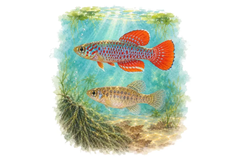 Aquarelle : Nothobranche de Günther, mâle et femelle l'un au-dessus de l'autre dans une eau turquoise.