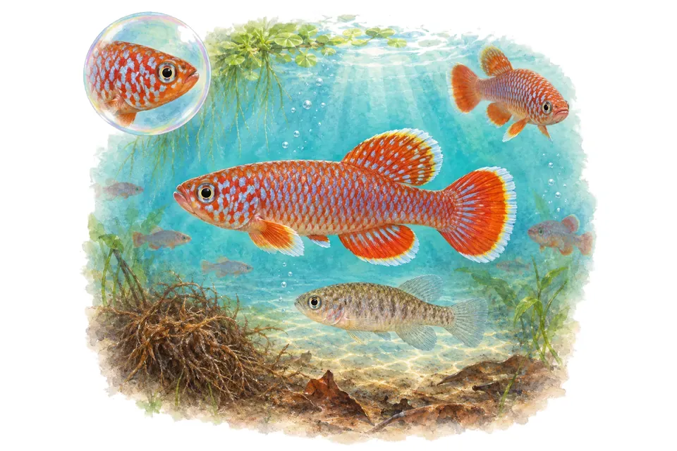 Aquarelle : Nothobranche de Günther (Nothobranchius guentheri) dans une eau turquoise lumineuse, avec une vue de trois quarts et un détail dans une bulle.