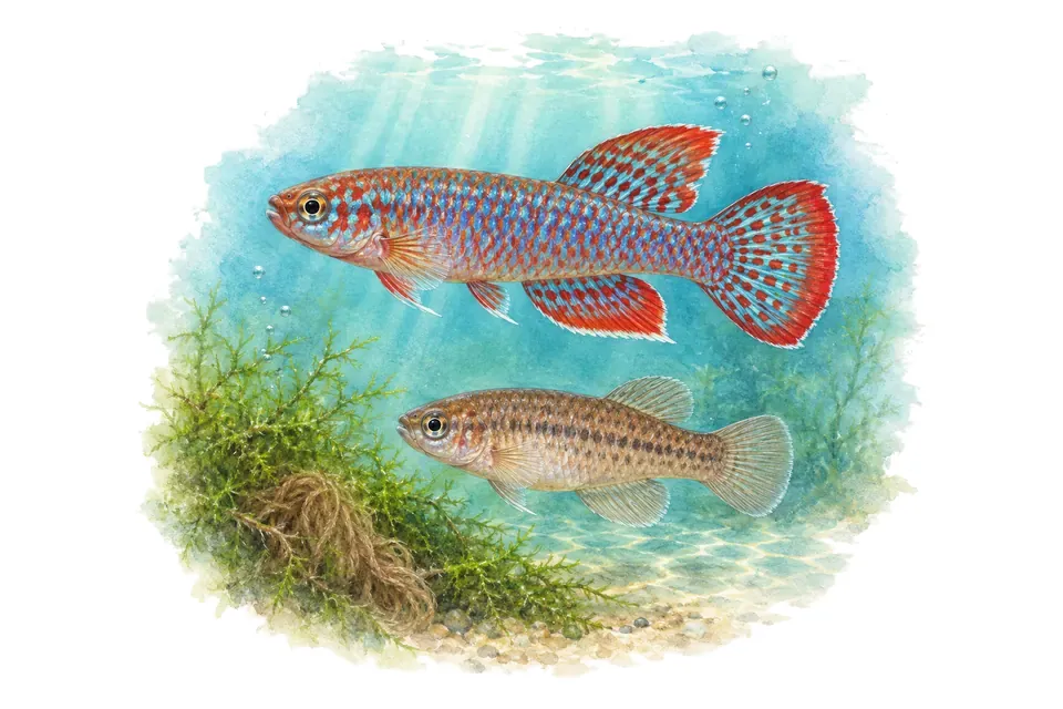 Aquarelle : Nothobranche de Rachov, mâle et femelle l'un au-dessus de l'autre dans une eau turquoise.