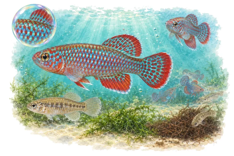 Aquarelle : Nothobranche de Rachov (Nothobranchius rachovii) dans une eau turquoise lumineuse, avec une vue de trois quarts et un détail dans une bulle.