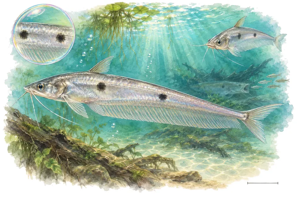 Aquarelle : Silure à deux taches (Ompok bimaculatus) dans une eau turquoise lumineuse, avec une vue de trois quarts et un détail dans une bulle.