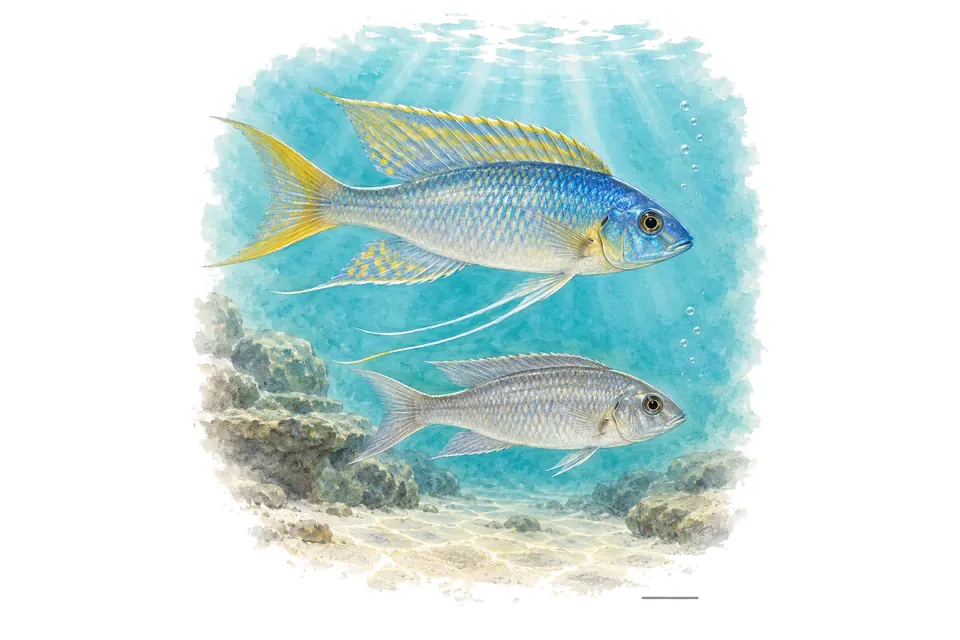 Aquarelle : Cichlidé ventralis, mâle et femelle l'un au-dessus de l'autre dans une eau turquoise.