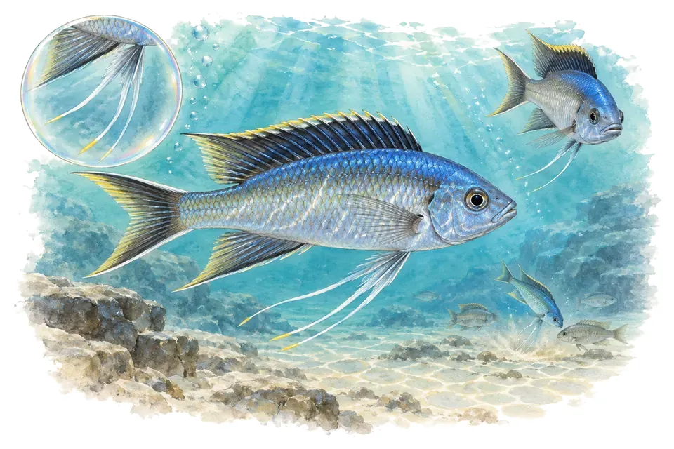 Aquarelle : Cichlidé ventralis (Ophthalmotilapia ventralis) dans une eau turquoise lumineuse, avec une vue de trois quarts et un détail dans une bulle.