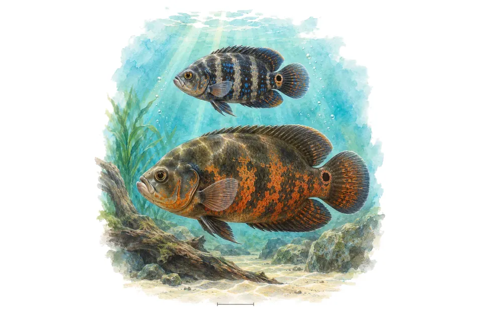 Aquarelle : Oscar, jeune et adulte l'un au-dessus de l'autre dans une eau turquoise.