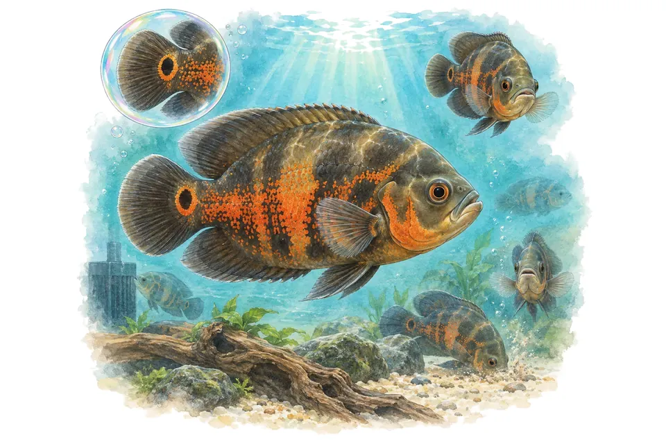 Aquarelle : Oscar (Astronotus ocellatus) dans une eau turquoise lumineuse, avec une vue de trois quarts et un détail dans une bulle.