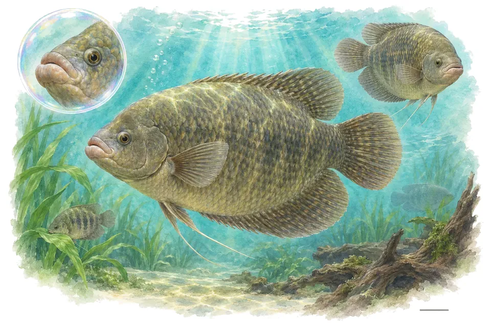 Aquarelle : Gourami géant (Osphronemus goramy) dans une eau turquoise lumineuse, avec une vue de trois quarts et un détail dans une bulle.
