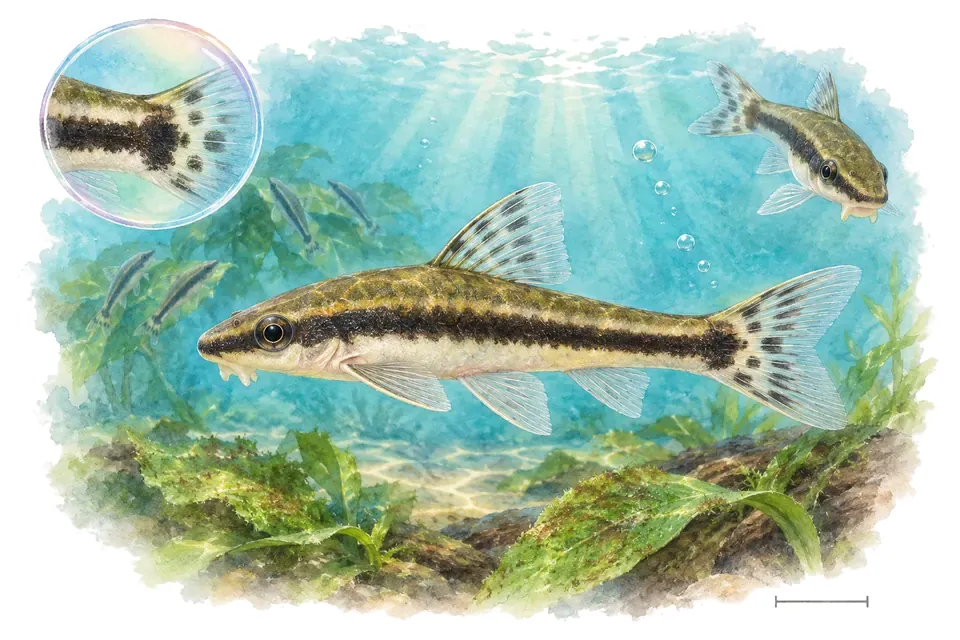 Aquarelle : Otocinclus rayé (Otocinclus vittatus) dans une eau turquoise lumineuse, avec une vue de trois quarts et un détail dans une bulle.