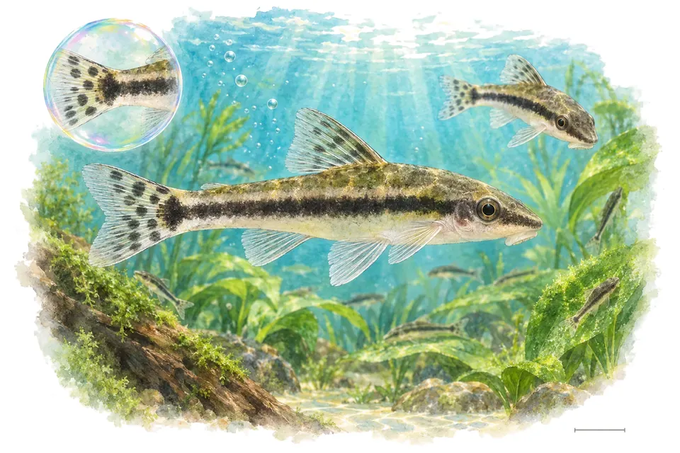 Aquarelle : Otocinclus nain (Otocinclus macrospilus) dans une eau turquoise lumineuse, avec une vue de trois quarts et un détail dans une bulle.