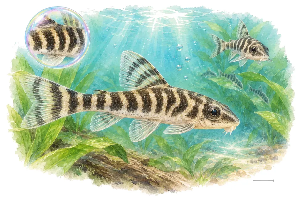 Aquarelle : Otocinclus zèbre (Otocinclus cocama) dans une eau turquoise lumineuse, avec une vue de trois quarts et un détail dans une bulle.