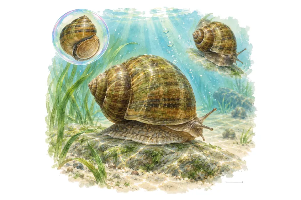 Aquarelle : Paludine européenne (Viviparus viviparus) dans une eau turquoise lumineuse, avec une vue de trois quarts et un détail dans une bulle.