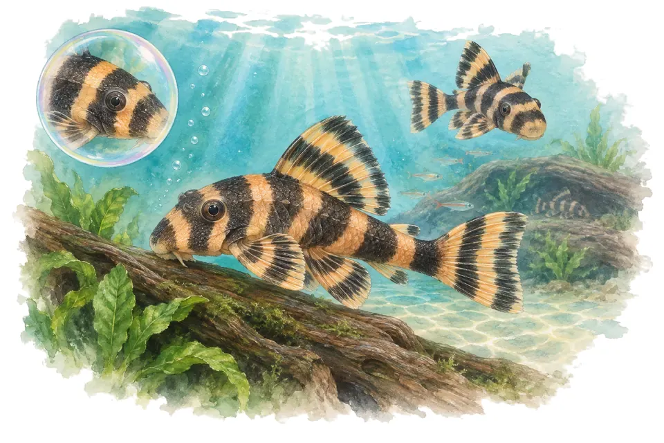 Aquarelle : Panaqolus clown (Panaqolus maccus) dans une eau turquoise lumineuse, avec une vue de trois quarts et un détail dans une bulle.