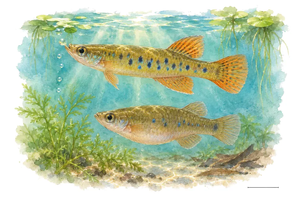Aquarelle : Panchax indien, mâle et femelle l'un au-dessus de l'autre dans une eau turquoise.