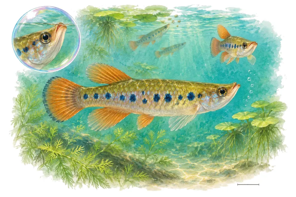 Aquarelle : Panchax indien (Aplocheilus panchax) dans une eau turquoise lumineuse, avec une vue de trois quarts et un détail dans une bulle.